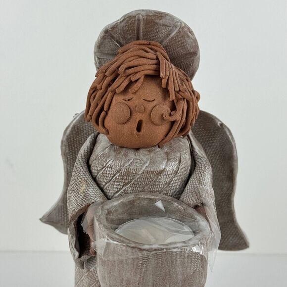 vintage clay pottery candle tealight holder angel choir folkart sculpture figure - Picture 13 of 15